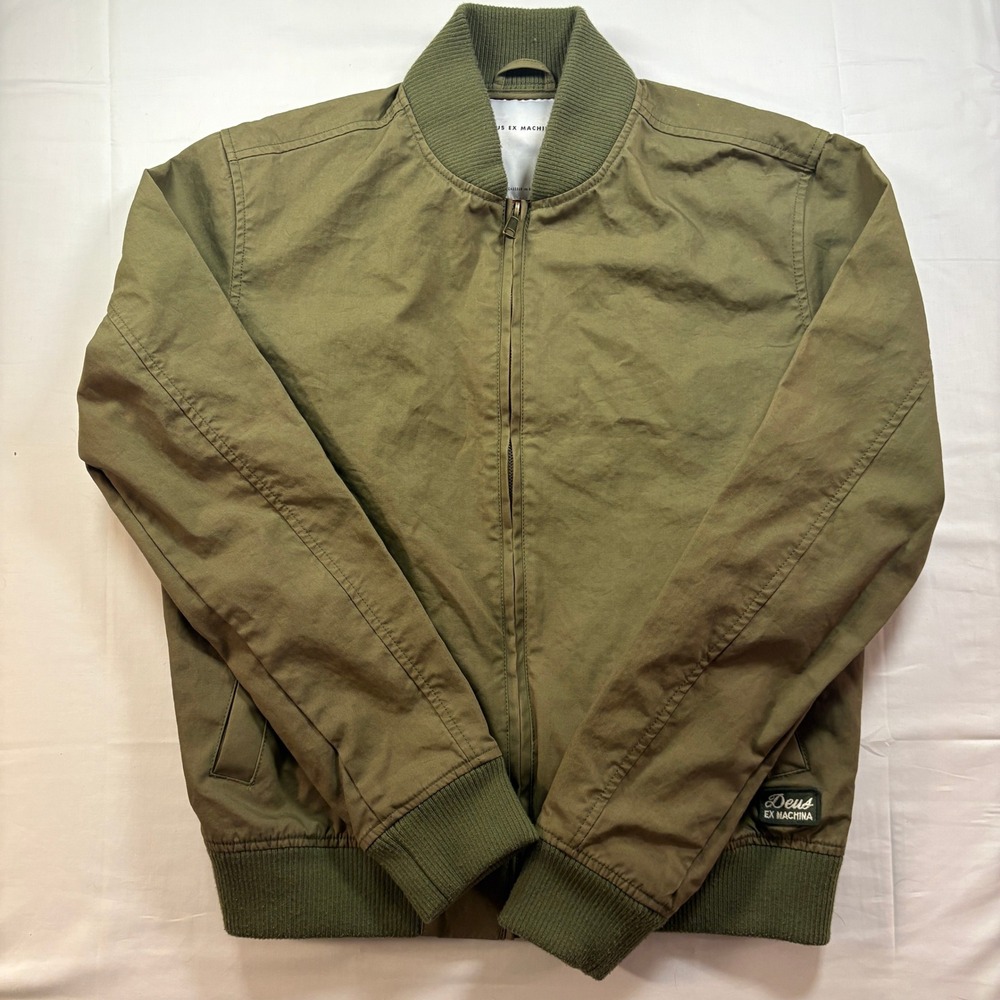 Deus Ex Machina Mens Olive Green Canvas Bomber Jacket Orange‎ Lining Size M